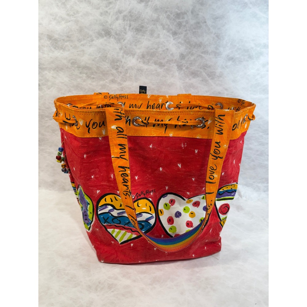 Sally Huss I Love You With All My Heart Red Canvas Tote Bag Rainbow Straps Art